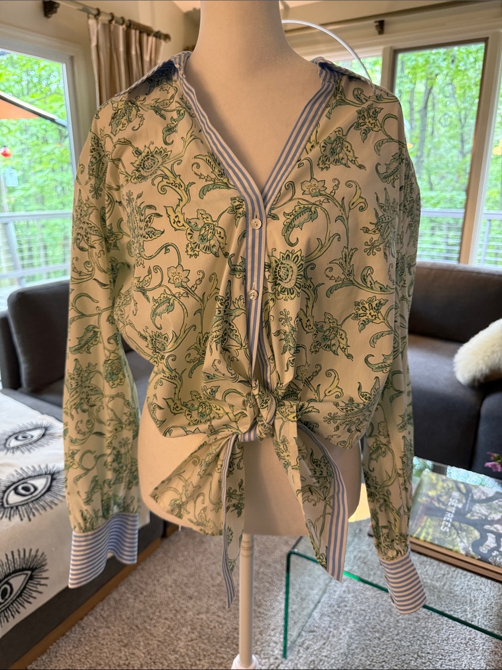 Women’s Green Blue Floral Tie-Front Blouse